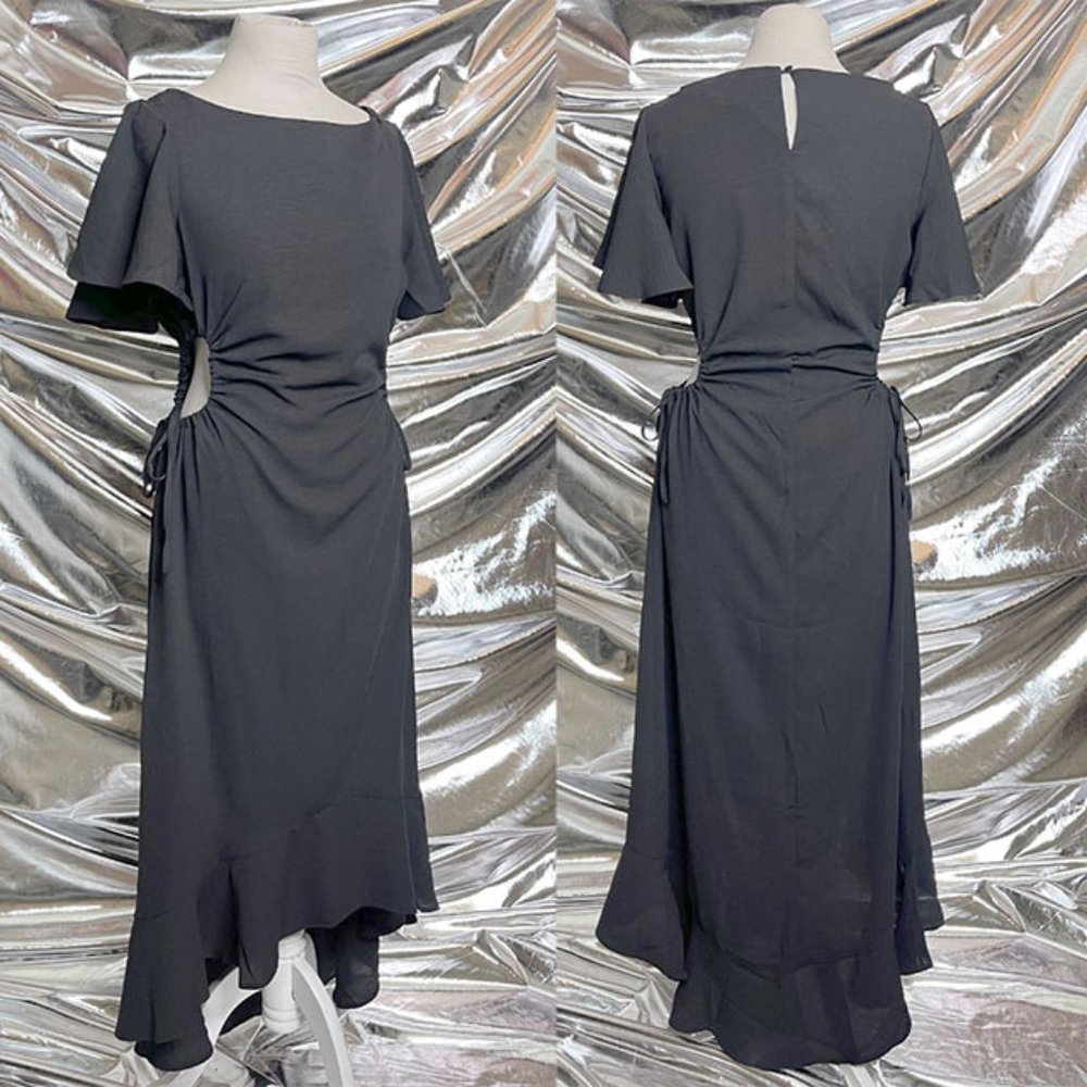 EMILY RUFFLED MAXI DRESS | Maxi hi-low hem dress with side cutouts.